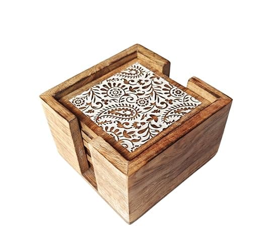 VANIYA CRAFTS® Handmade Wooden Coasters for Drinks with Holder for Coffee Table, Hot Drinks, Beverages, Housewarming Gift (Natural White Finish) (Natural White 2) thumbnail 5