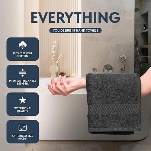 White Classic Luxury Dark Gray Hand Towels - Soft 100% Turkish Cotton | Highly Absorbent Hotel spa Bathroom Towel Collection | 16x30 Inch | Set of 6 thumbnail 2