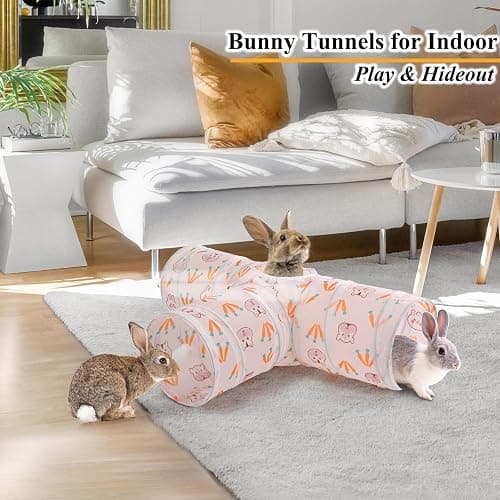 HERCOCCI Rabbit Toys, Bunny Tunnels & Tubes, Collapsible 3 Way Rabbit Hideout Tunnel with Chew Toys for Bunny Guinea Pig Ferret Kitten thumbnail 2