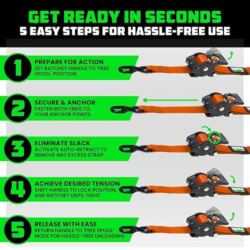 Rhino USA Retractable Ratchet Straps (2-Pack) - 2 Inch x 10 Feet (3,033lb Break Strength) - Heavy Duty Auto Self Retracting Tie Down Straps for Truck, Cargo Trailer, Motorcycle, Rad & More - Orange thumbnail 6