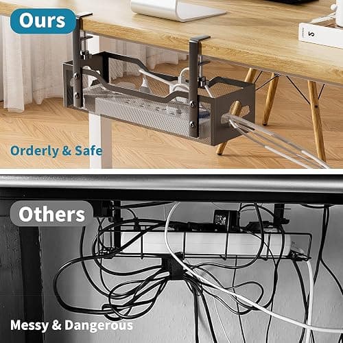 Litwaro Under Desk Cable Management Tray No Drill, 13.38'' Metal Wire Organizer with Clamp Mount for Standing Desk, Cord Management Box for Home Office – No Damage to Desk (Black) thumbnail 4