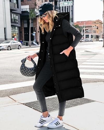 BTFBM Long Puffer Vest Women Quilted Hooded Button Down Zip Up Sleeveless Vests Outerwear Padded Jacket Fall Winter Coat thumbnail 2
