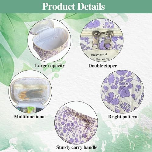 WYJ Purple Large Quilted Floral Makeup Bag Cute Soft Coquette Aesthetic Cosmetic Bag Cotton Travel Toiletry Bag for Women thumbnail 4