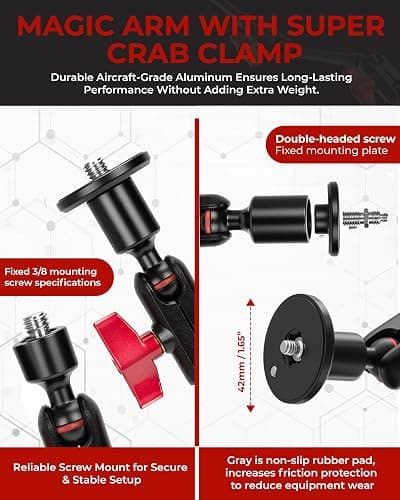 REFLEX CAMERA Metal Articulating 32" Magic Arm with Super Clamp Overhead Camera Mount – 1kg Load Capacity, Boom Arm with 1/4", 3/8" Screws Mounts - Photography, Videography & Streaming - Adjustable thumbnail 6