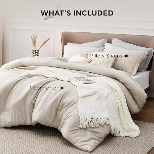 Bedsure Full Comforter Set - Beige Soft Bedding for All Seasons, Cationic Dyed Bed Set, 3 Pieces, 1 Full Size Comforter (82"x86") and 2 Pillow Shams (20"x26"+2") thumbnail 8
