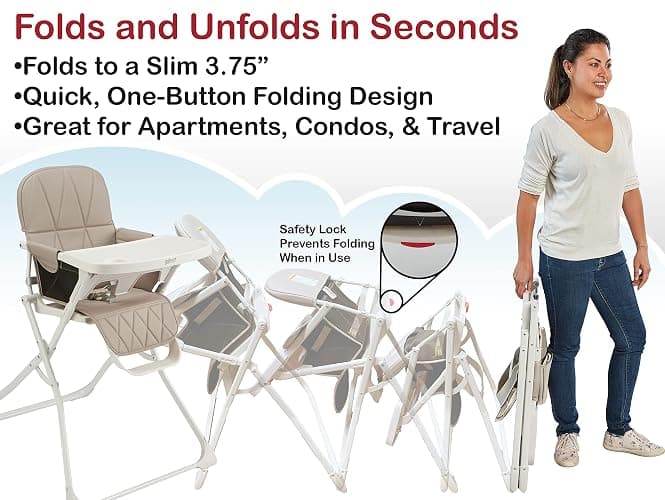 Primo PopUp Folding High Chair for Baby Age 6 to 36 Months - Taupe Folding Beach Style High Chair with Removable Dishwasher Safe Tray, 3pt Safety Harness, Leatherette Seat - Space Saving Design thumbnail 4