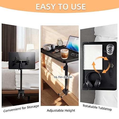 AmaCielo Adjustable Bedside Shelf for Bed, College Dorm Room Essentials, Bamboo Bed Side Tray Table with Sturdy Metal Pole, Clip On Nightstand Organizer for College, Apartment, Bunk Beds thumbnail 3