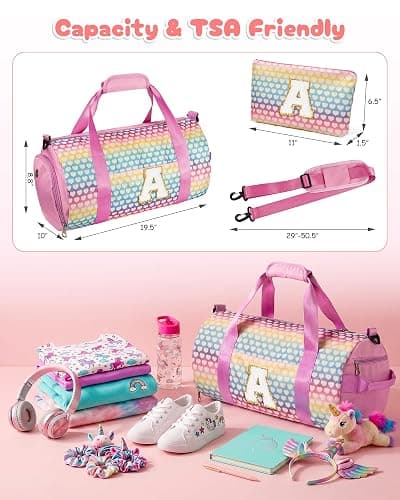 Vogewood Girl Initial Sparkly Dance Duffle Bag, Birthday Gift for Daughter | Overnight Travel Bag with Makeup Pouch & Wet Dry Pocket, Gymnastics Bag with Shoe Compartment,Niece Birthday Gift Ideas thumbnail 4