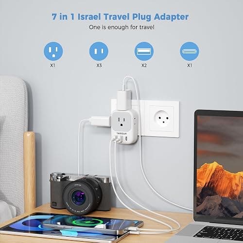 TESSAN US to Israel Plug Adapter, Type H Travel Adaptor | 4 American Outlets,3 USB Charger (1 USB‑C), Ideal for Jerusalem thumbnail 3
