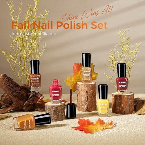 Morovan Fall Nail Polish Set: 6 Gold Maple Leaf Nail Polish Kit 2025 Glitter Autumn Fingernail Pumpkin Yellow Burnt Orange Art Quick Dry Nail Regular Mini Bulk Manicurist Women Girls Gift thumbnail 2