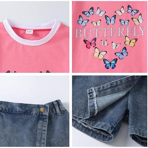 Voxikodex Girls Summer Clothes Butterfly Print Short Sleeve Tops and Denim Skirt Shorts Set Cute Outfits for Kids Girls 5-12Y thumbnail 3