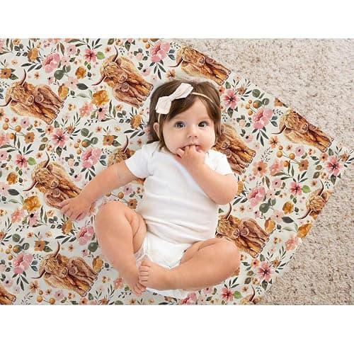 Highland Cow Baby Blanket for Girls, Boho Floral Farmhouse Highland Cow Toddler Soft Minky Blanket with Double Layer Dotted Backing, Nursery Newborn Baby Crib Receiving Blanket Western Cow, 30"x40" thumbnail 6