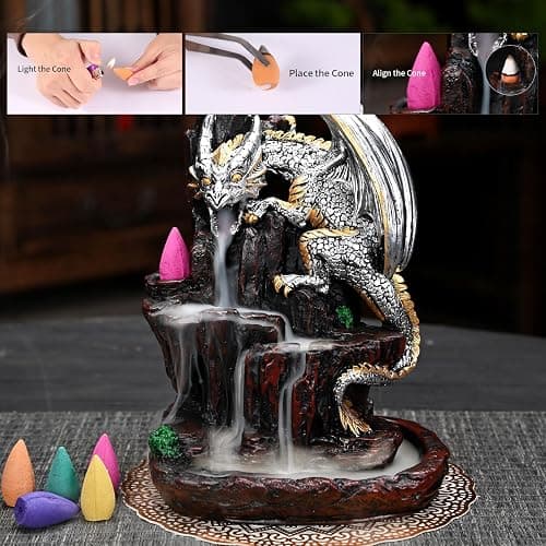 Zvaiuk Dragon Backflow 2 Sided Mountain Waterfall Incense Burner,Fountain Smoke Incense Holder with Backflow Incense Cones, Tweezers, Mat，Resin Aromatherapy Meditationvaiuk (Silver) thumbnail 7