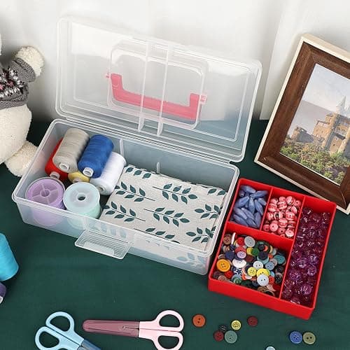 BTSKY 2 PCS Clear Plastic Storage Box with Removable Tray Multipurpose Stationery Storage Box with Handle Handy Sewing Box Art Craft Supply Organizer Home Utility Box (Red) thumbnail 2
