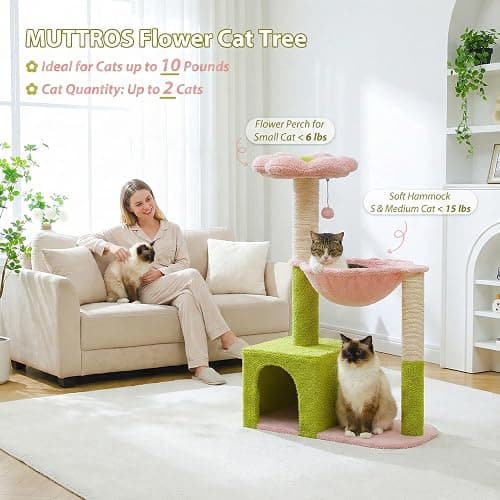 MUTTROS Flower Cat Tree with Large Metal Frame Hammock, 35" Cute Cat Tower with Sisal Scratching Posts for Small Indoor Cats, Cat Condo with Pink Top Perch for Kittens, Pink thumbnail 2