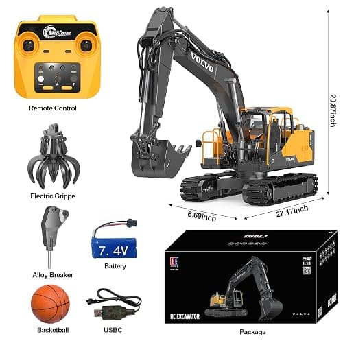 DOUBLE E Volvo 1:16 RC Excavator Toy,3 in 1 Construction Toys, 360°Rotation,Toys Digger with Metal Shovel Drill Grab RC Construction Vehicles for Kids Adults thumbnail 2