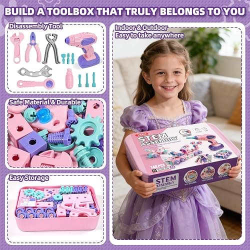 Pink Kids Tool Set for Girls,Toddler Tool Set with Drill &Toolbox,STEM Montessori Toys for 3 4 5 Year Old,Pretend Play Kid Toy,Educational Construction Toy for 3-6 Year Old Girl,Birthday Gift for Kids thumbnail 9