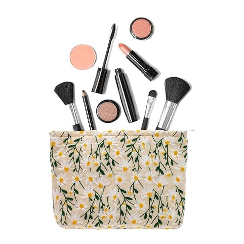 Makeup Bags for Purse Zipper Cosmetic Pouch Large Travel Canvas Make Up Organizer Tool Pouch for Women and Girls,Daisy White thumbnail 8