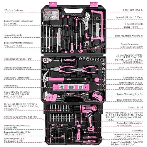 Pink Tool Kit Box Drill Set：DEKOPRO Home Mechanic Toolbox with 12V Power Cordless Drill Hand Repair Tools Sets Combo Kits Storage Organizer Drawer Case for Men & Women thumbnail 3
