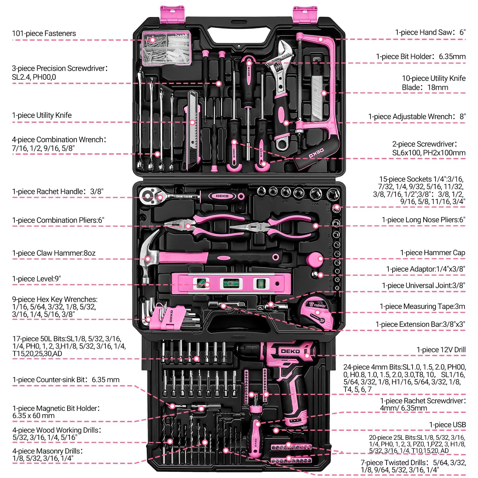 Kit de herramientas rosa: DEKOPRO - Caja de herramientas mecánica para el hogar con taladro inalámbrico de 12 V de potencia, juegos de herramientas de reparación de mano, kits combinados, organizador thumbnail 2