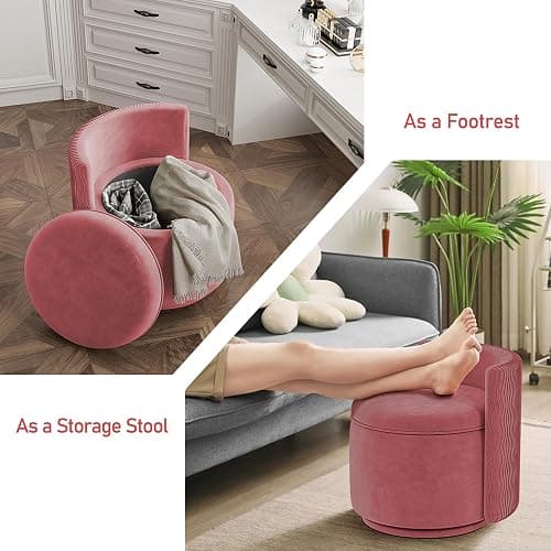 allamazing 360° Swivel Accent Chair with Storage, Vanity Stool with Back, Velvet Storage Ottoman, Upholstered Round Barrel Vanity Chair for Living Room, Makeup Room, Bedroom (Dusty Rose) thumbnail 6