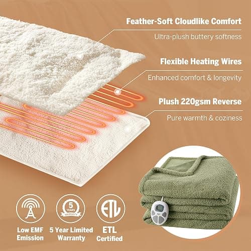 Serta Heated Blanket, Electric Twin Size, Soft, Warm, Fuzzy - Auto Shut Off Timer, 10 Lv Heat Setting, ETL Certified, 62" x 84" Sage thumbnail 3