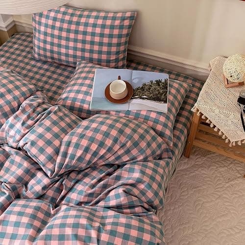 mixinni Plaid Comforter Set Twin XL - 3 Piece Soft Geometric Checkered Comforter with 2 Pillow Shams, Modern Gingham Pattern Bedding Set for All Season, Breathable & Soft Cozy (Pink, Purple, Blue) thumbnail 5