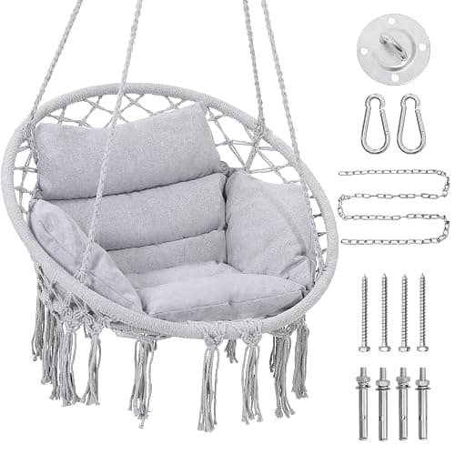 KROFEM Macrame Hammock Hanging Swinging Chair with Medium Cushion, Perfect for Bedroom, Porch, Adults, Balcony, Grey - Image 1