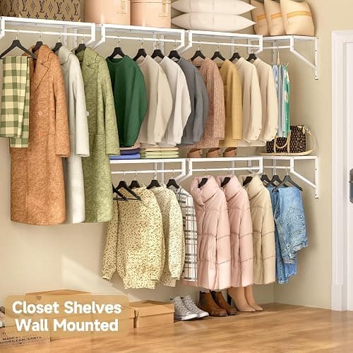ThreeHio Expandable Closet Shelves Wall Mounted, 3 Pack Closet Shelving with Hanging Rods, Wall Shelving for Walk-in Closet, Hanging Shelves Organizer and Storage for Closet, Laundry thumbnail 2