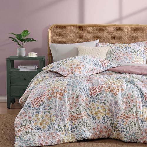 CASAAGUSTO Full Comforter Set, 7 PCS Pinkish Floral Comforter Set with Flowers Leaves Pattern, Soft Seersucker Design All Season Full Size Bedding Set(80"X90") - Image 1