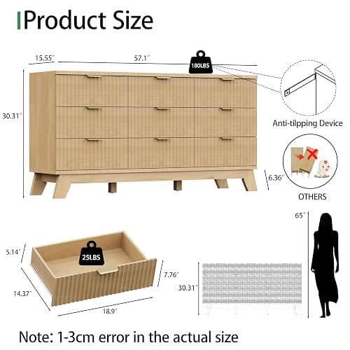 Fluted Dresser for Bedroom with 9 Drawers, 57" Wide Modern Chest of Drawers with Metal Handle, Wooden Dresser TV Stand, Wood Closet Clothes Storage Organizer for Living Room, Hallway, Natural Oak thumbnail 2