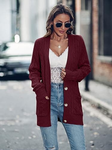 MEROKEETY Cardigan Sweater for Women 2025 Fall Winter Cable Knit Button Up Open Front Long Sleeve Outwear Coat thumbnail 4
