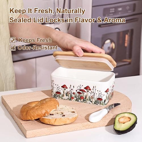 Fungi Fun Ceramic Mushroom Butter Dish with Lid and Knife, Cute Butter Dish for Countertop and Fridge, Ceramic Container for Countertop with Lid and Selicon Seal, Ideal for Mushroom Kitchen Decor thumbnail 6
