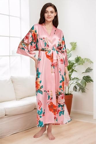 BABEYOND Women's Kimono Robe Long Satin Silky Floral Lightweight Bridesmaid Wedding Bachelorette Party Robe thumbnail 3