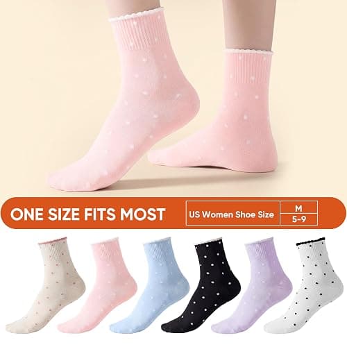 ihuan 6 Pairs Womens Ruffle Cute Ankle Socks Polka Dot, Soft & Breathable thumbnail 6