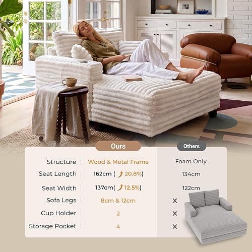 163cm Chaiselongue Sofa mit Massivholzrahmen, Big Loungesofa mit Liegefunktion für Wohnzimmer & Lese-Ecke, Einzelsessel aus Plüsch-Cord mit 2 Getränkehaltern & 4 Seitentaschen, 2 Sets Sofa-Füße, Beige thumbnail 3