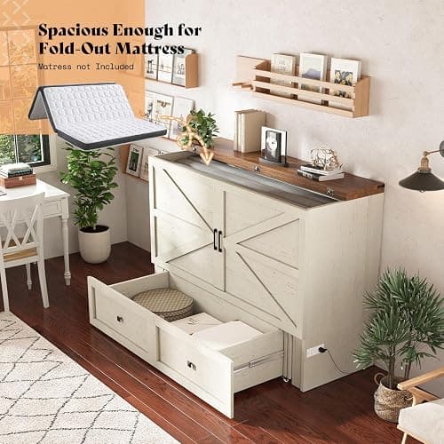 AMERLIFE Queen Murphy Bed with Storage & Charging Station, Farmhouse Murphy Cabinet with Foldable Panel, Noisy Free, for Guest Bedroom, Living Room, Office, Distressed White thumbnail 5