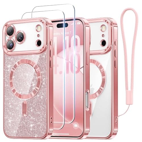 Meifigno Designed for iPhone 17 Pro Max Case 6.9", [Glitter Card & Wrist Strap] [Compatible with MagSafe] [2X HD Screen Protectors] Surround Raised Lens Protection for 17 ProMax Phone Case, Rose Gold - Image 1
