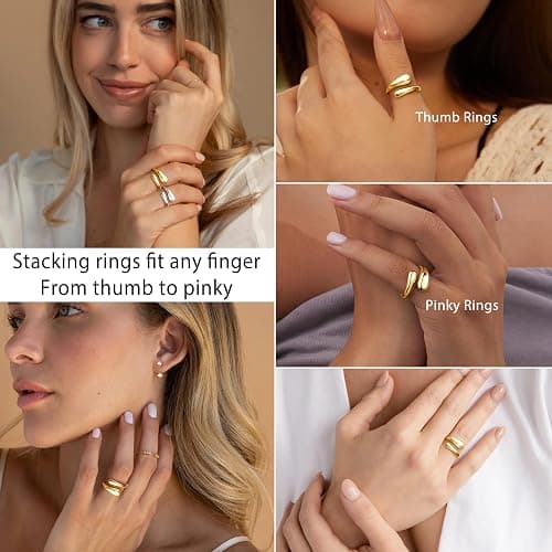 Poxtex Non Tarnish Gold Chunky Rings for Women, Gold Statement Dome Rings Stacking Silver, Adjustable Mens Eternity Wedding Band Mixed Metal Jewelry Size 3-13 thumbnail 6