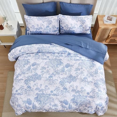 DJY Blue Comforter Set Queen, 7 Pieces Bed in a Bag Queen Size Botanical Comforters with Sheets Elegant Plants Print Soft Microfiber Reversible Complete Bedding Sets for All Season thumbnail 3