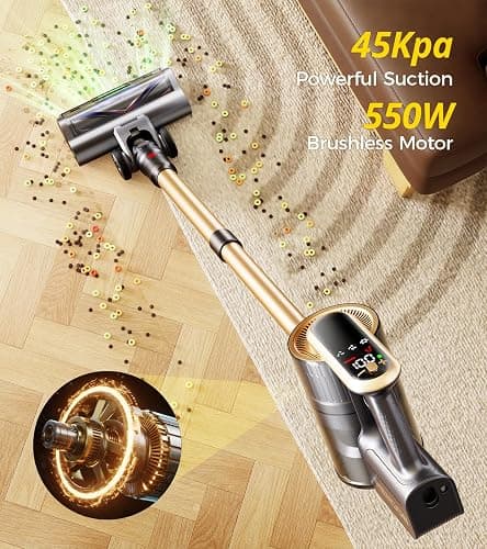 RENDOW Cordless Vacuum Cleaner, 550W 45Kpa 65Mins Vacuum Cleaners for Home, Self-Standing Cordless Stick Vacuum with LED Display,Anti-Tangle Rechargeable Wireless Vacuum for Pet Hair/Carpet/Hard Floor thumbnail 2
