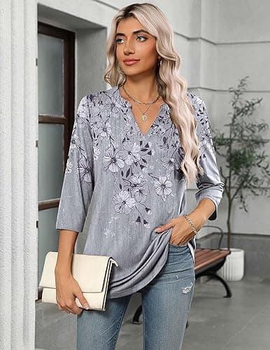 Zeagoo Womens 3/4 Length Sleeve Tops V Neck Tunic Casual Dressy Blouse Floral Printed Shirts thumbnail 4