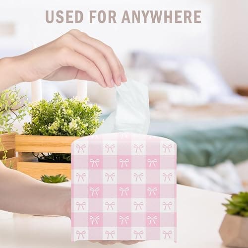❤️Pink Gingham Bow Decorative Leather Tissue Box Cover - Cute Tissue Holder Gifts for Women and Friends Funny Unique for Home Decor Decorative for Kitchen Bathroom Nightstands Office - A21 thumbnail 5