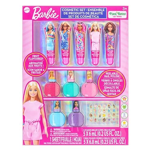 Barbie Cosmetic Makeup Set for Girls with Super Sparkly Lip Gloss Nail Polish and Nail Stickers 11 Pieces, Perfect for Parties Sleepovers Makeovers, Birthday, Ages by Townley Girl - Image 1