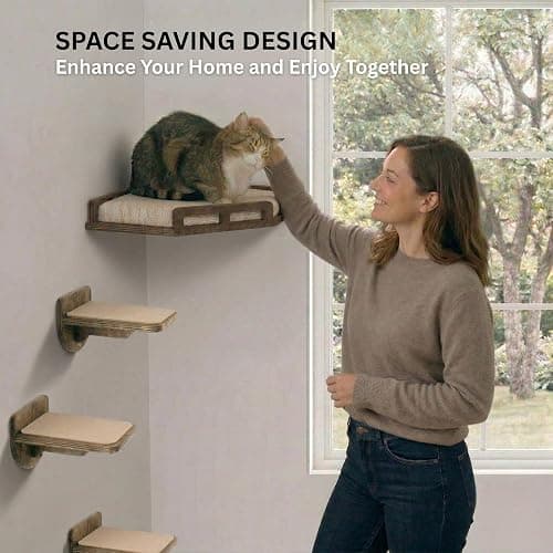 INICIO Cat Wall Shelves - Safe and Sturdy Cat Wall Furniture - Stylish Natural Wood Corner Shelf with 3 Steps for Cats up to 15lbs - Cushioned Perch and Stairs for Climbing and Playing - Dark Brown thumbnail 4