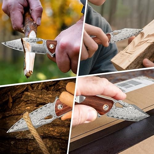 AUBEY Damascus Folding Knife with Clip, Pocket Knife with Wood Handle, EDC Knife for Outdoor Hiking Camping Collection (3.19" Blade) thumbnail 7