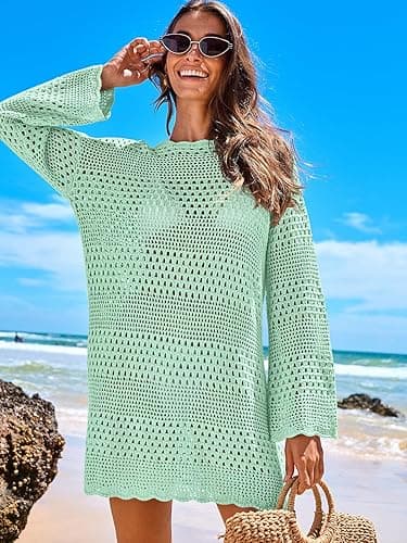 ANRABESS Women Swimsuit Crochet Swim Cover Up 2025 Summer Bathing Suit Swimwear Mesh Knit Beach Dress Vacation Outfits - Light Green - Small thumbnail 2