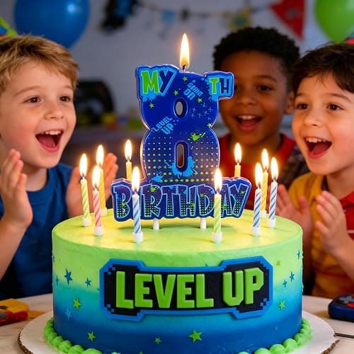 Video Game Birthday Number 8 Candle, 3.5 x3.2in Level Up Gamer 8th Birthday Cake Topper, Gaming Themed Party Decorations for Boys thumbnail 3