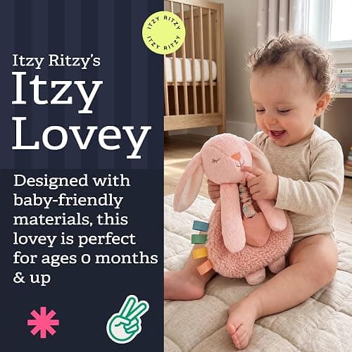 Itzy Ritzy Lovey Including Teether, Teething Relief, 0+ Months (Pink Bunny) | Baby Lovey with Soft Sherpa, Plush Minky, Silicone Teether, Crinkle Sounds, Textured Ribbons, and Interactive Dangle Arms thumbnail 3