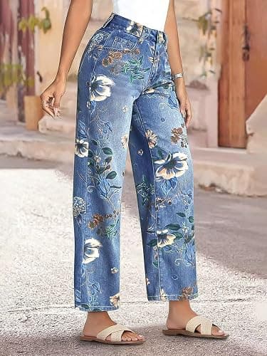 yoeasy Women's Straight Leg Jeans High Rise Vintage Floral Printed Wide Leg Trendy Stretchy Baggy Casual Denim Pants thumbnail 2